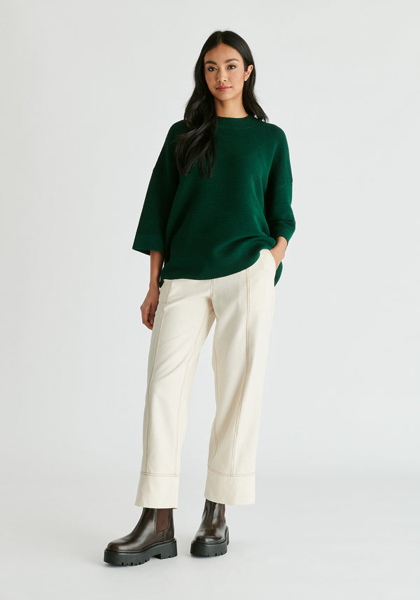 Mock Neck Cropped Sleeve Ribbed Jumper in Dark Green Front